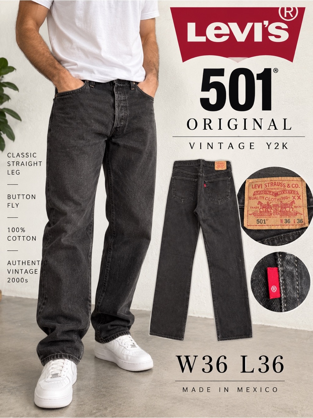Vintage Y2K Levi’s 501 Jeans W36 L36 Black Faded Button Fly Straight Leg